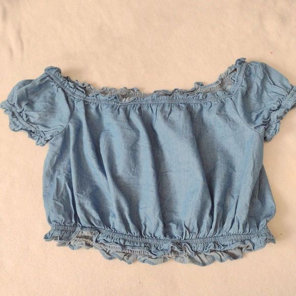 SALE Forever 21 Embroidered Crop Peasant Top L Off Shoulder Chambray - Picture 8 of 10